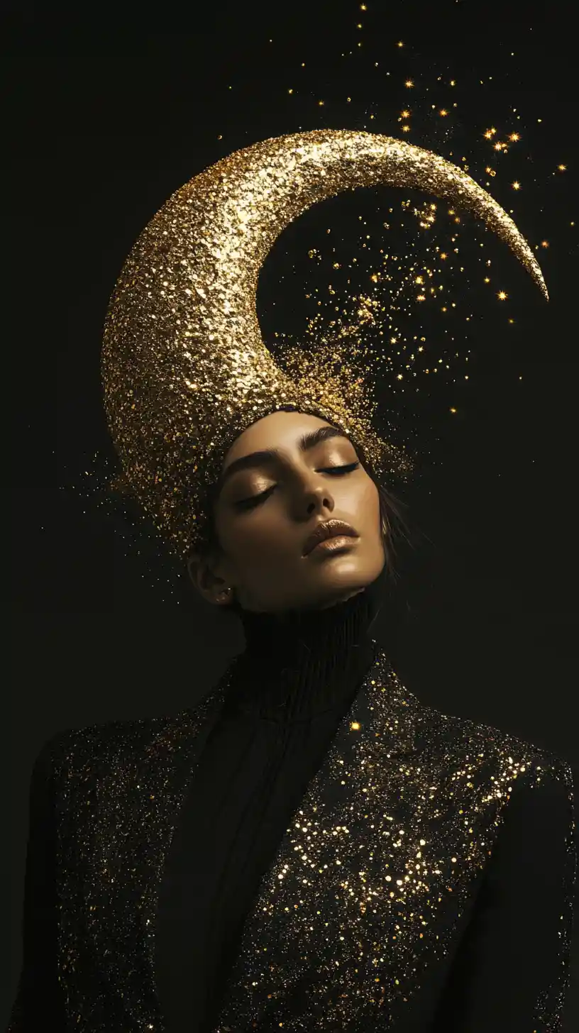 Woman in sculptural crown and sharp black fashion look