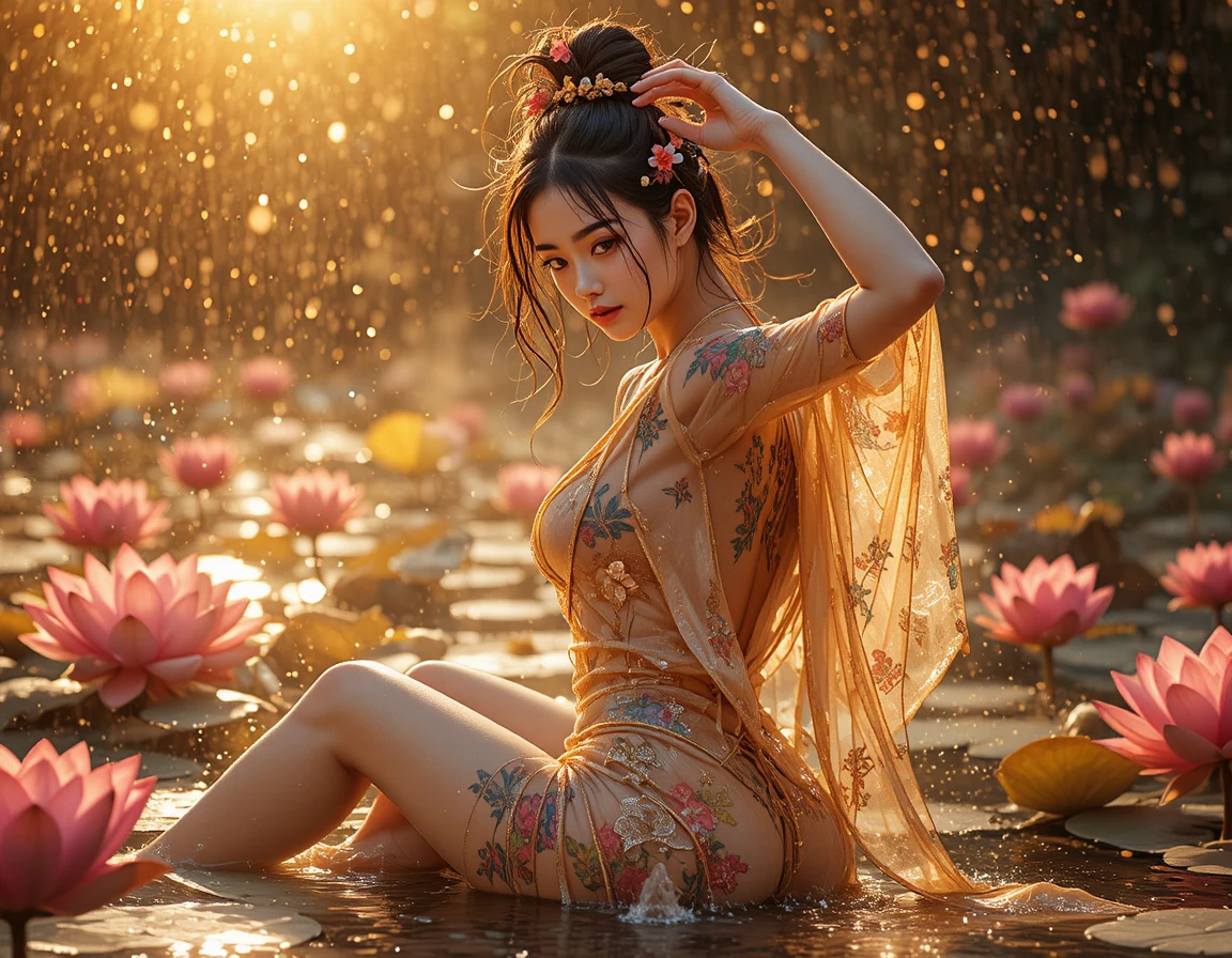 Asian woman posing in a golden lotus pond fantasy