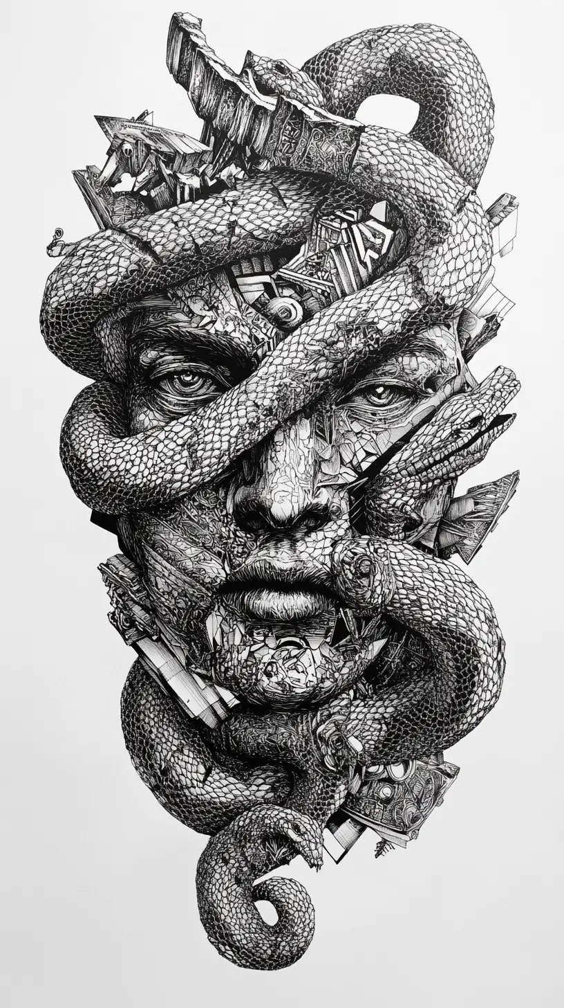 Surreal human face entwined with coiling serpent lines