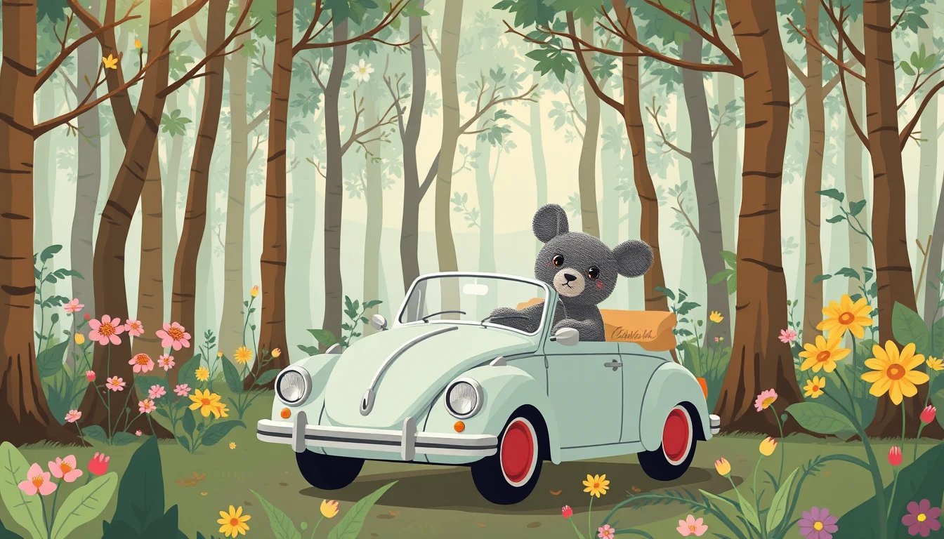 Cute bear cub in overalls in a flat design forest