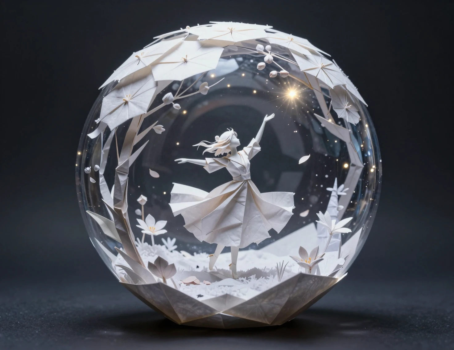 Origami world inside a luminous glass sphere in snow