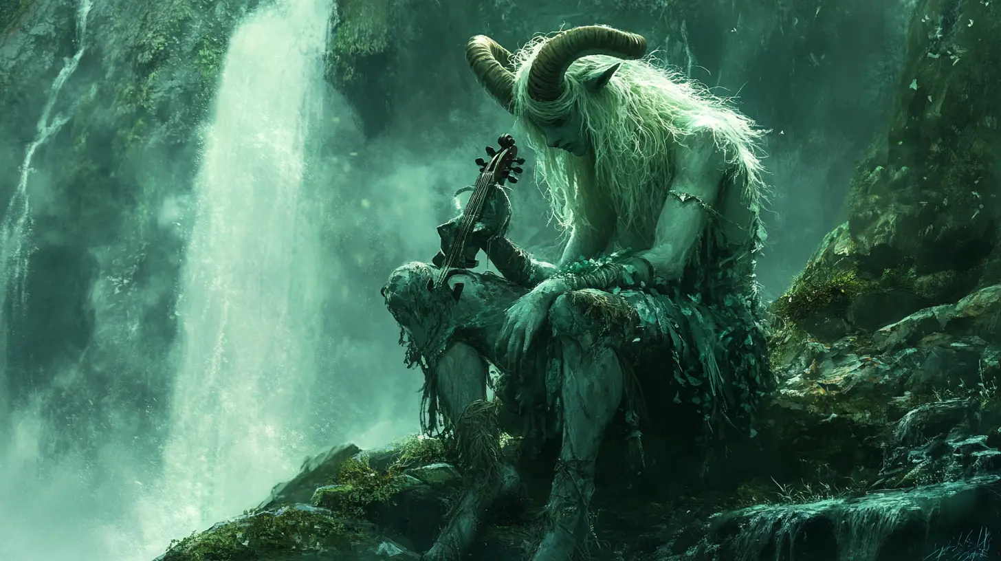 Androgynous satyr playing violin beneath a misty waterfall