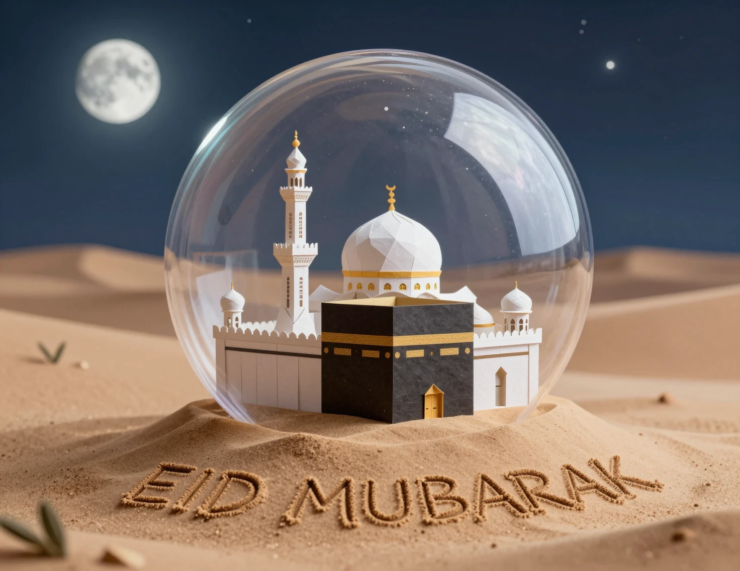 Origami Mosque Inside Glass Sphere On Moonlit Desert Sand