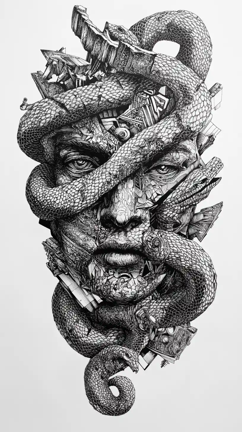 Surreal human face entwined with coiling serpent lines
