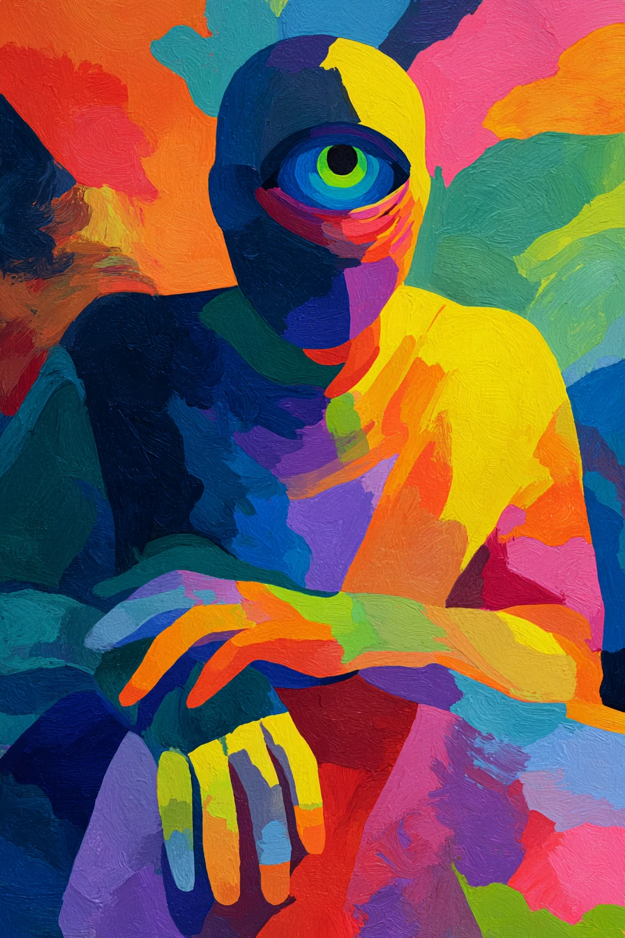 Abstract eyeless figure wrapped in twisting rainbow silk