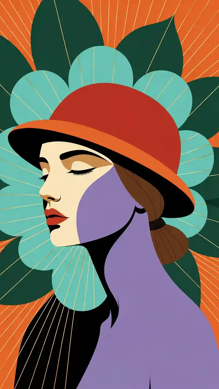 Minimal vector profile portrait of a girl with abstract flower