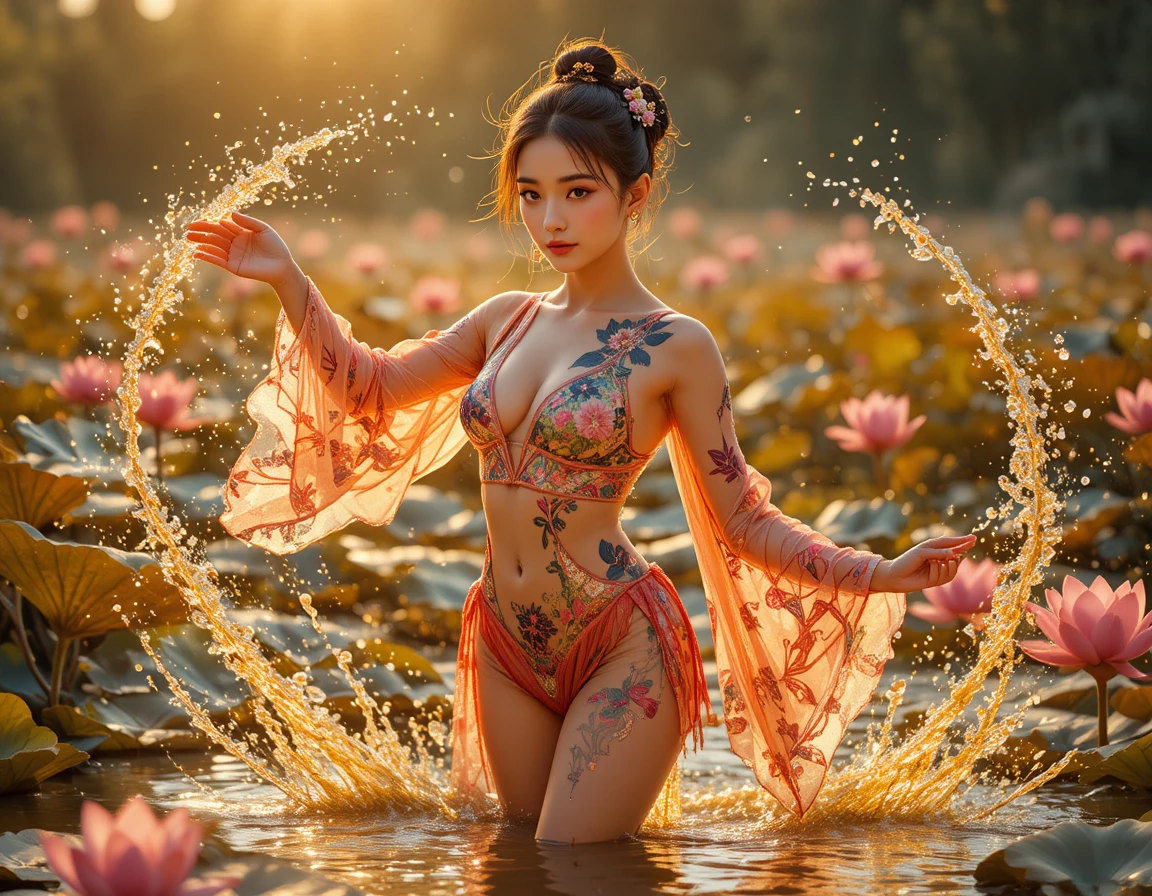 Asian woman dancing in a golden lotus pond
