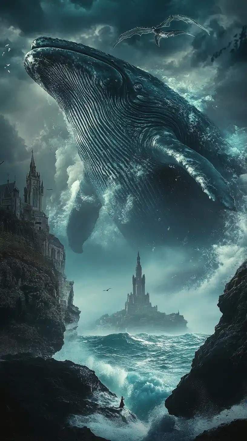 Surreal leviathan profile containing a stormy ocean cathedral