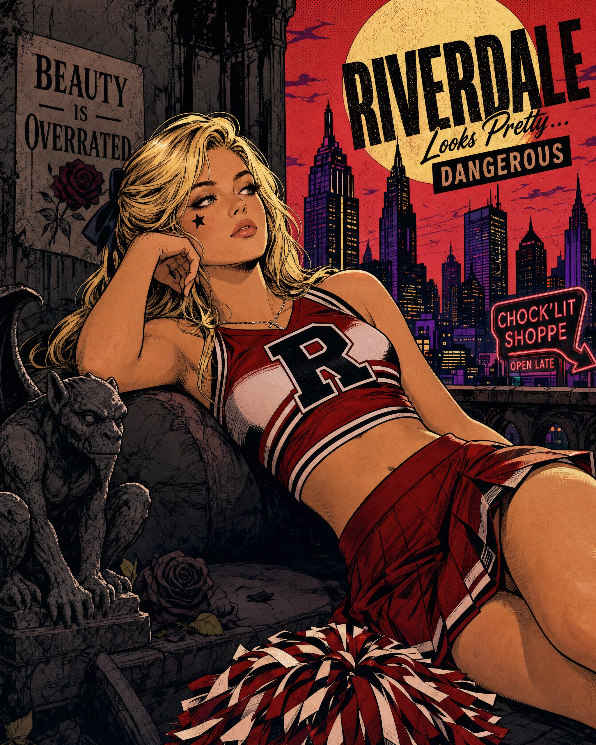 Blonde cheerleader lounging against a dark comic cityscape