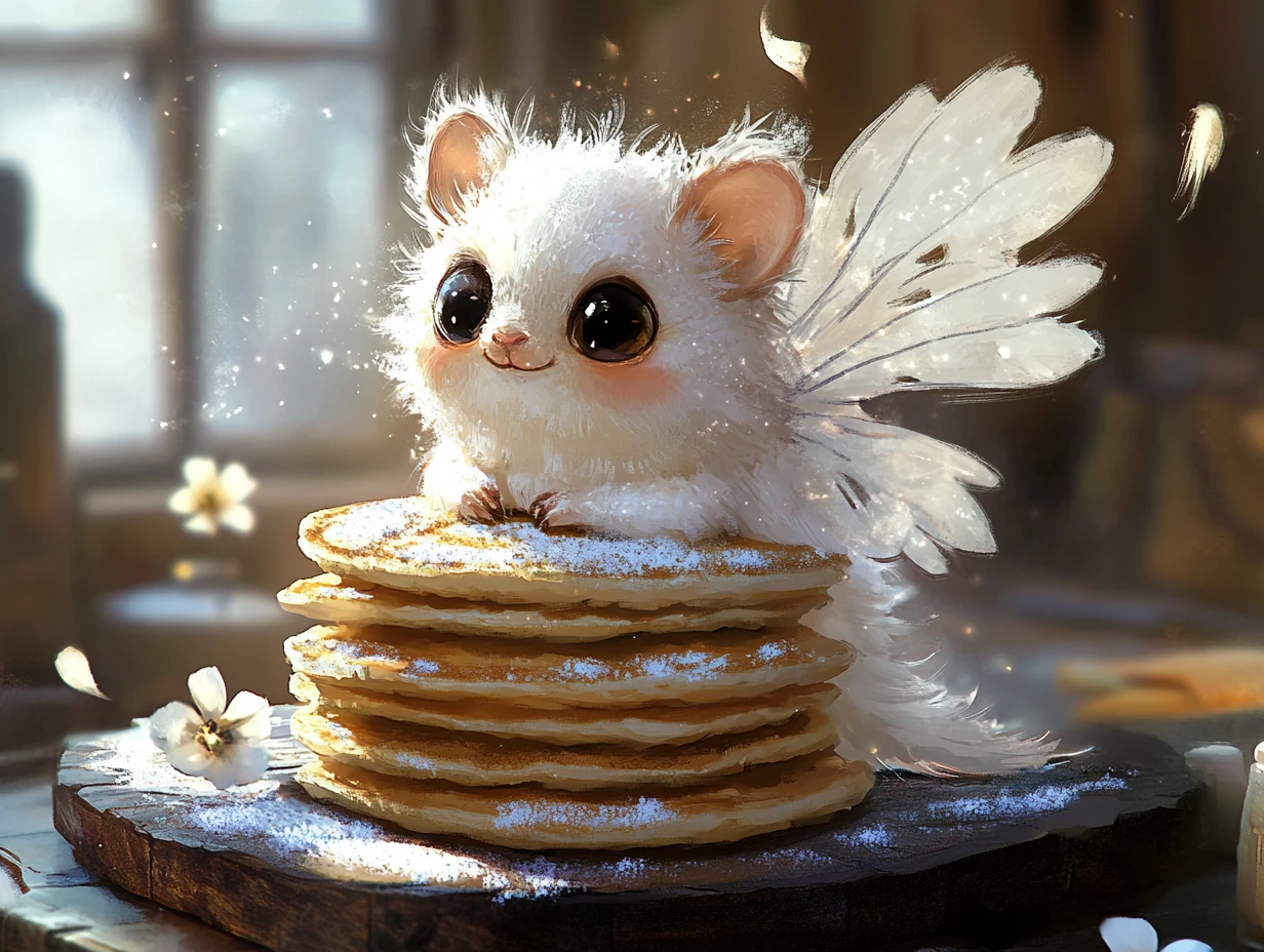 ふんわりタッチのパンケーキに乗ったかわいい羽のある生き物
