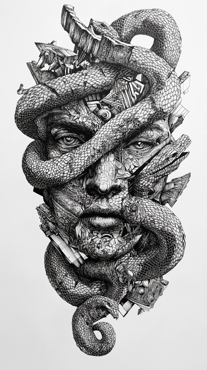 Surreal human face entwined with coiling serpent lines