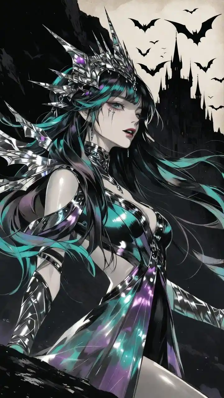 Gothic fantasy woman before a teal lit castle at night