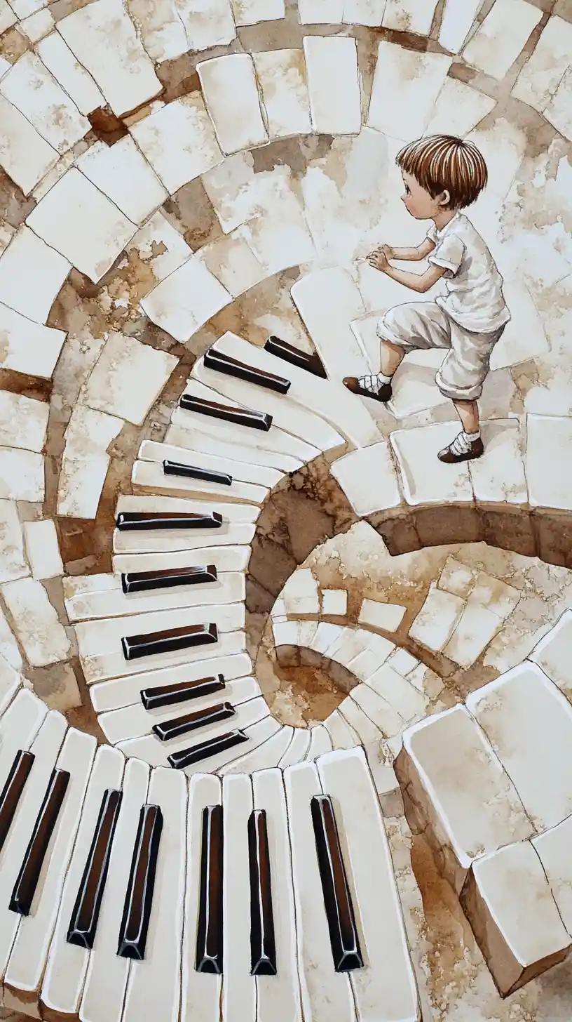 Child Climbing Spiral Piano Stairs In Surreal Ink Illustration