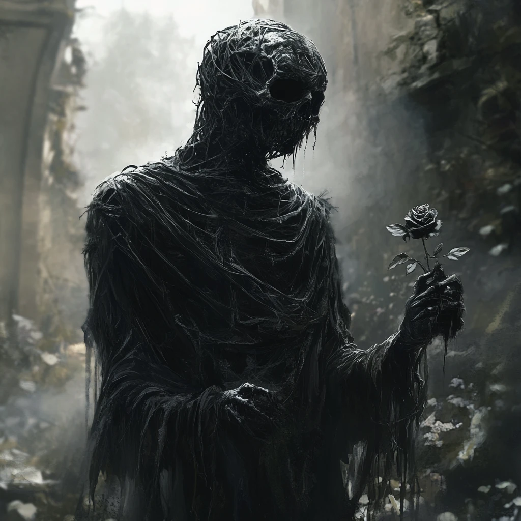 Ghostly figure holding a dark rose in misty ruins
