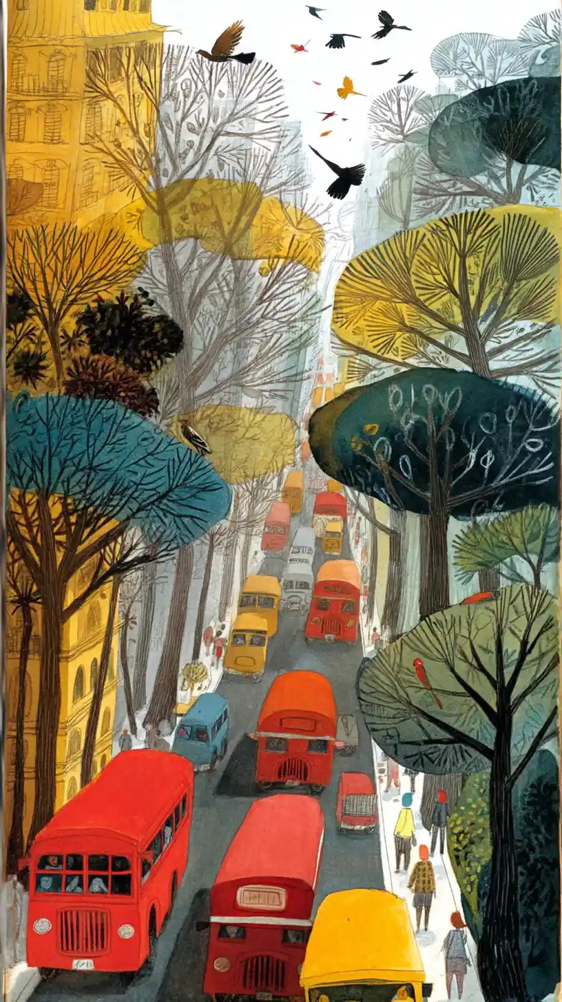 Colorful painting of a busy Paris city street scene