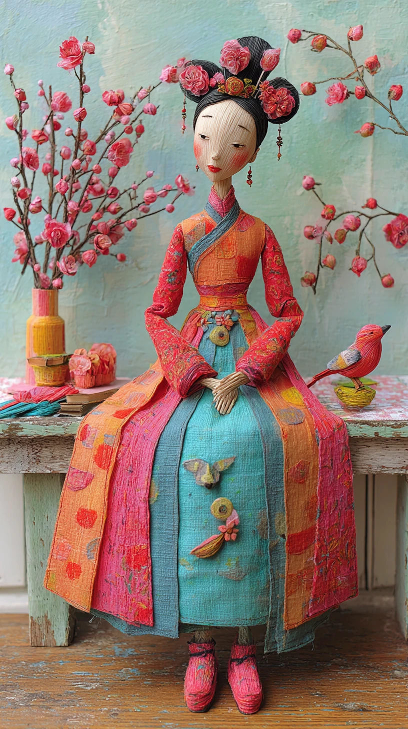 Chinese palace dollhouse with court ladies and plum blossoms