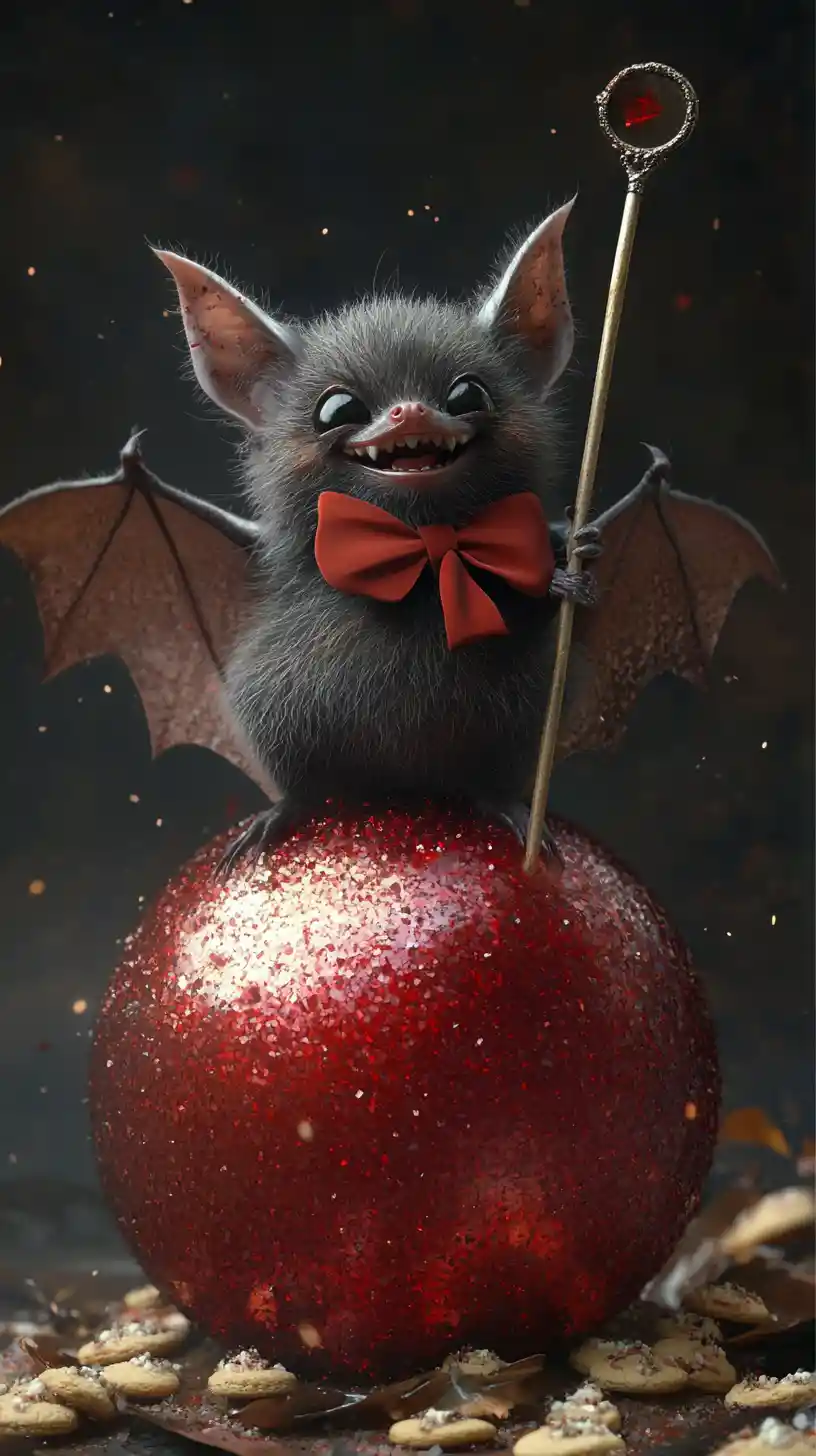 Playful fluffy bat on glittery red ball with mirror