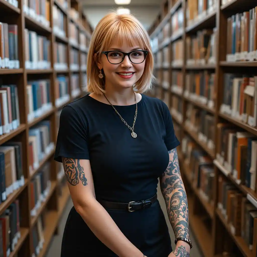Smiling woman in black dress working in busy library