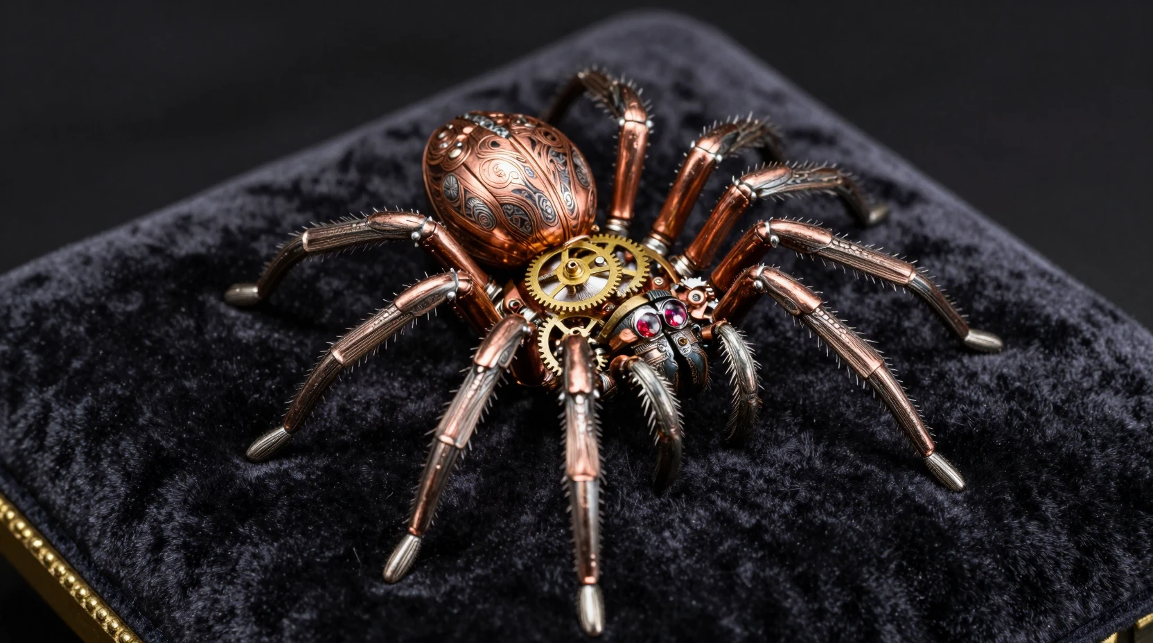 Mechanical Clockwork Spider On Dark Velvet Cushion