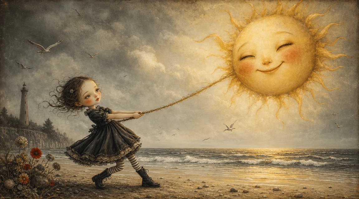 Girl Tugging A Smiling Sun Above A Quiet Beach