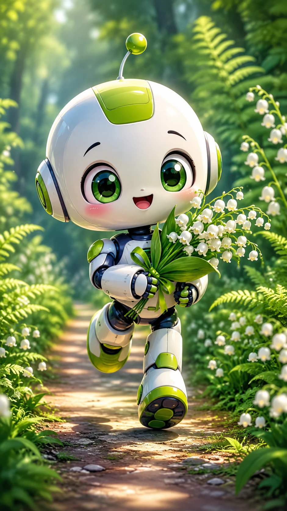 Cute little robot running with lilies along forest path