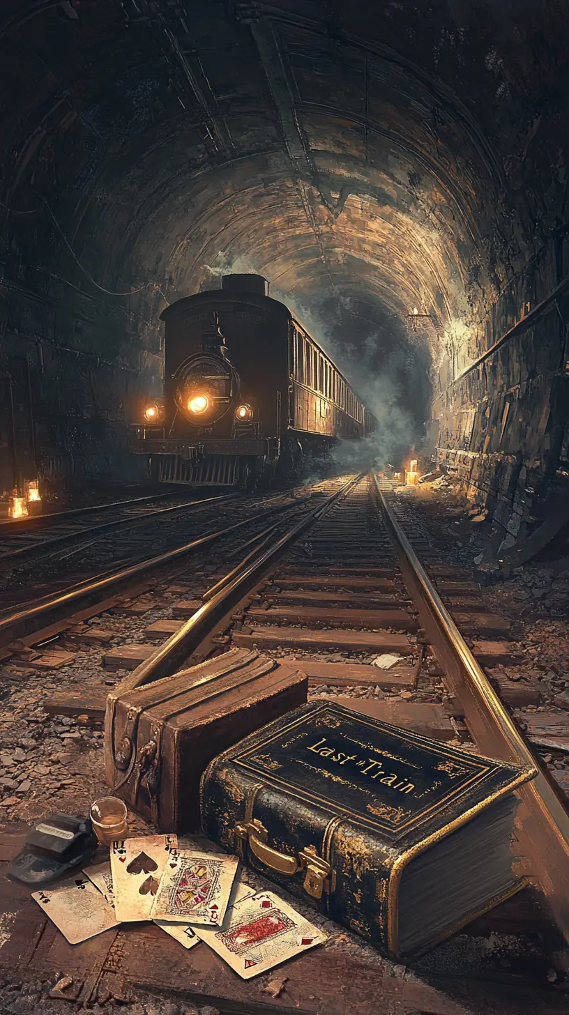 Tren gótico que desaparece en un túnel oscuro con reliquias esparcidas