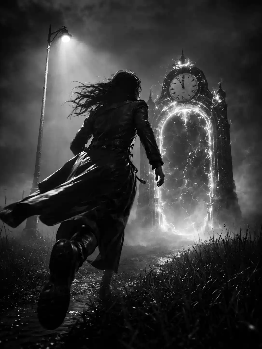 Woman running through foggy field under a single streetlamp