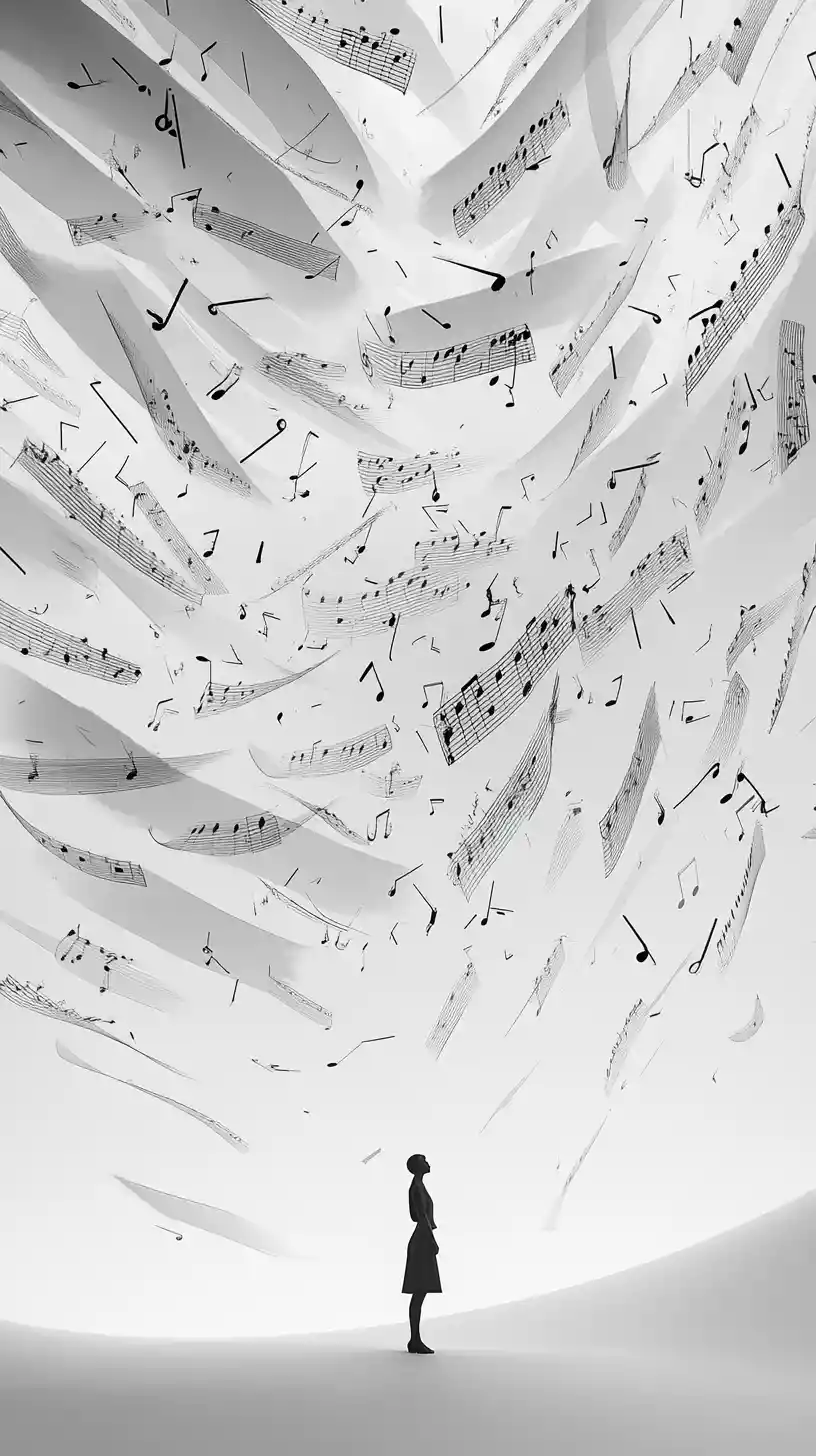 Floating musical notes surround a lone figure in empty space