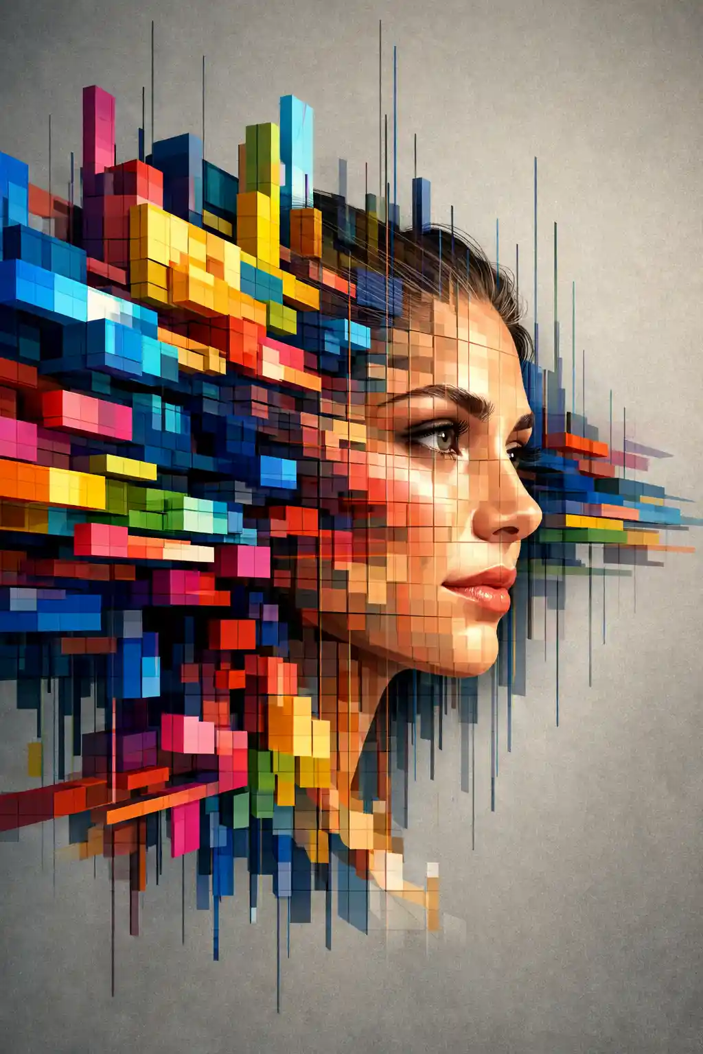 Abstract digital portrait of a woman fused with geometric blocks