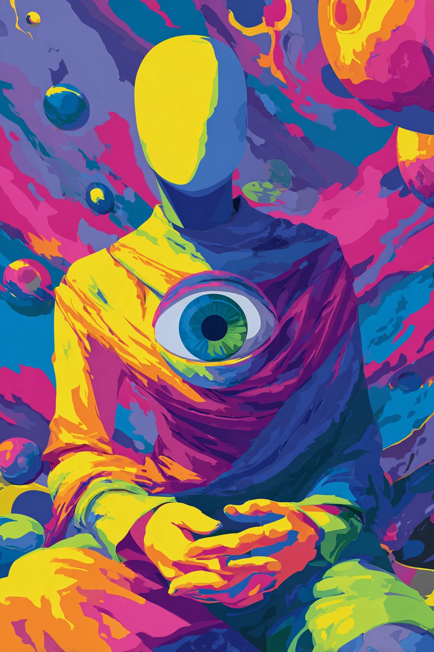 Figura humanoide abstracta con motivo surrealista de ojo central