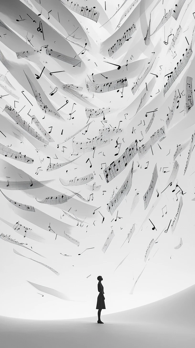 Floating musical notes surround a lone figure in empty space