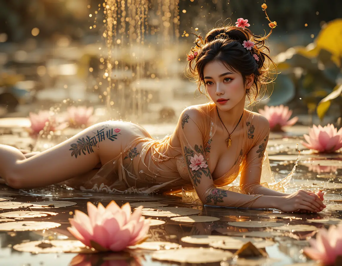 Asian woman posing by a golden lotus pond