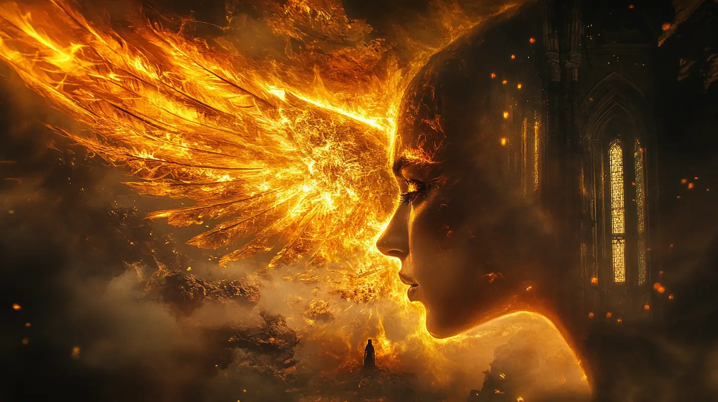 Surreal Phoenix And Woman Fusion In Sacred Ruin Double Exposure