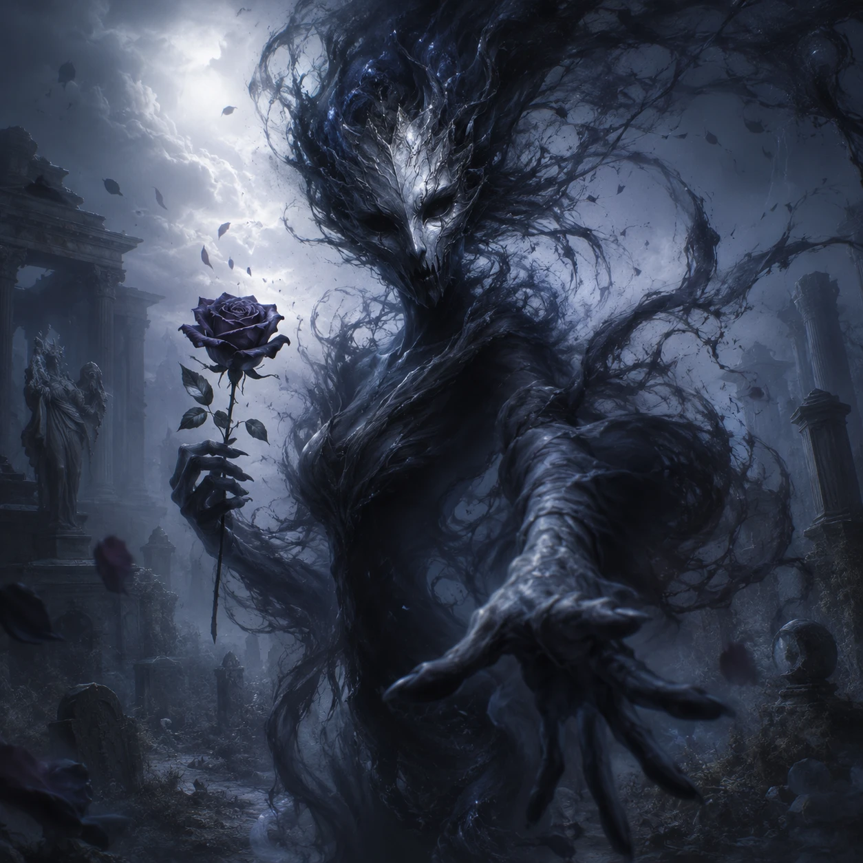 Ghostly figure holding a dark rose in misty ruins