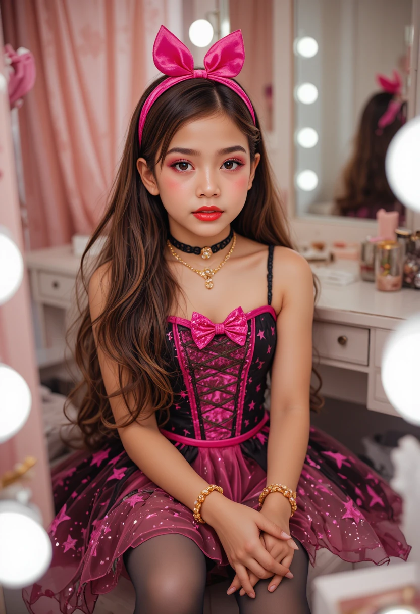 Young Latino man in pink star dress at vanity