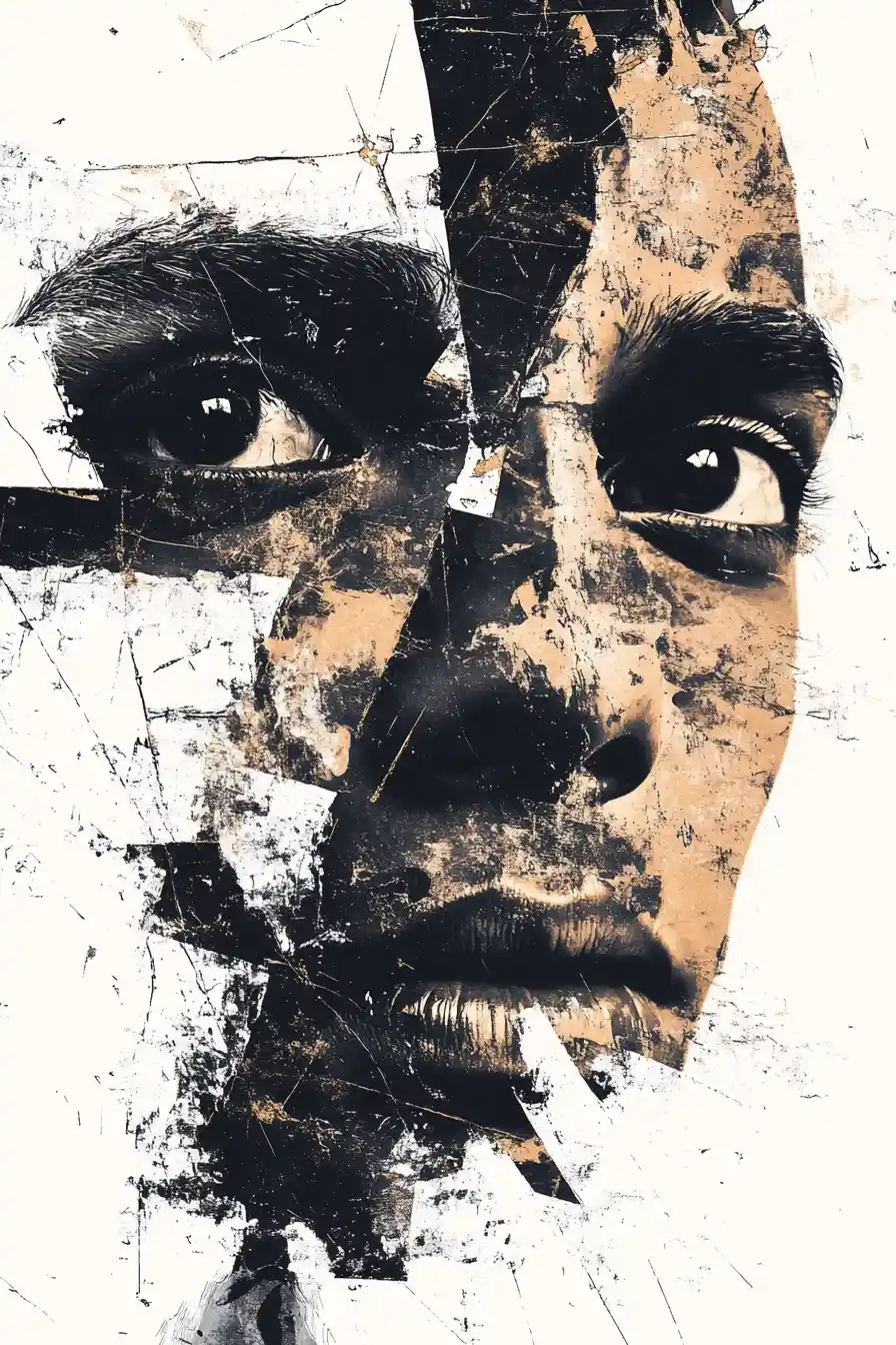 Fragmented black and white close up digital face portrait