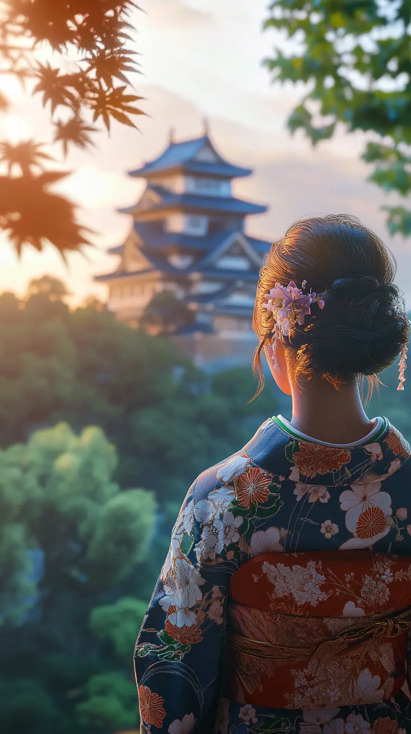 Modern bride in Japanese kimono before soft castle backdrop