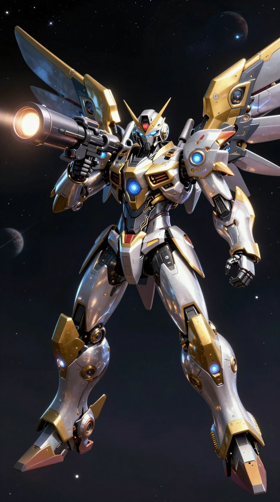 Cyberpunk combat robot aiming particle cannon in deep space