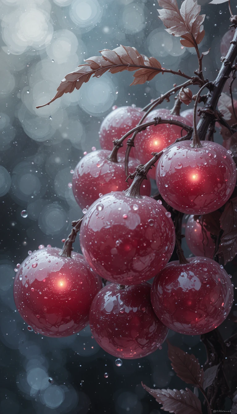 Glowing Burgundy Cherry Branch In Misty Abstract Gradient