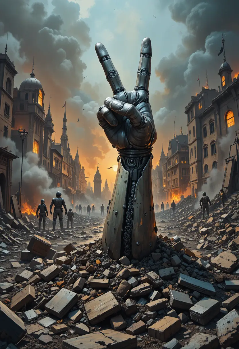 Cyborg arm rising from rubble in ruined futuristic city