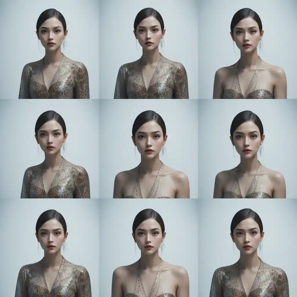 Surreal fashion woman series arranged in a minimalist grid
