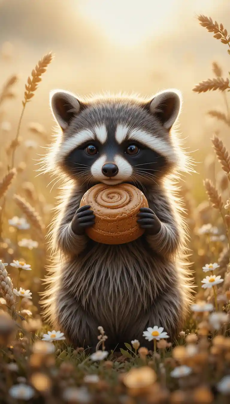 Cute raccoon holding a cinnamon roll in wheat meadow