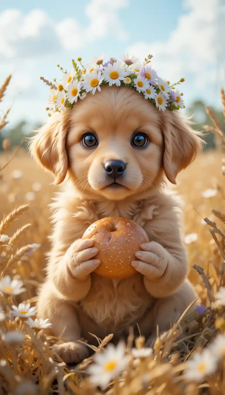 Cute golden retriever puppy in a sunny wheat field