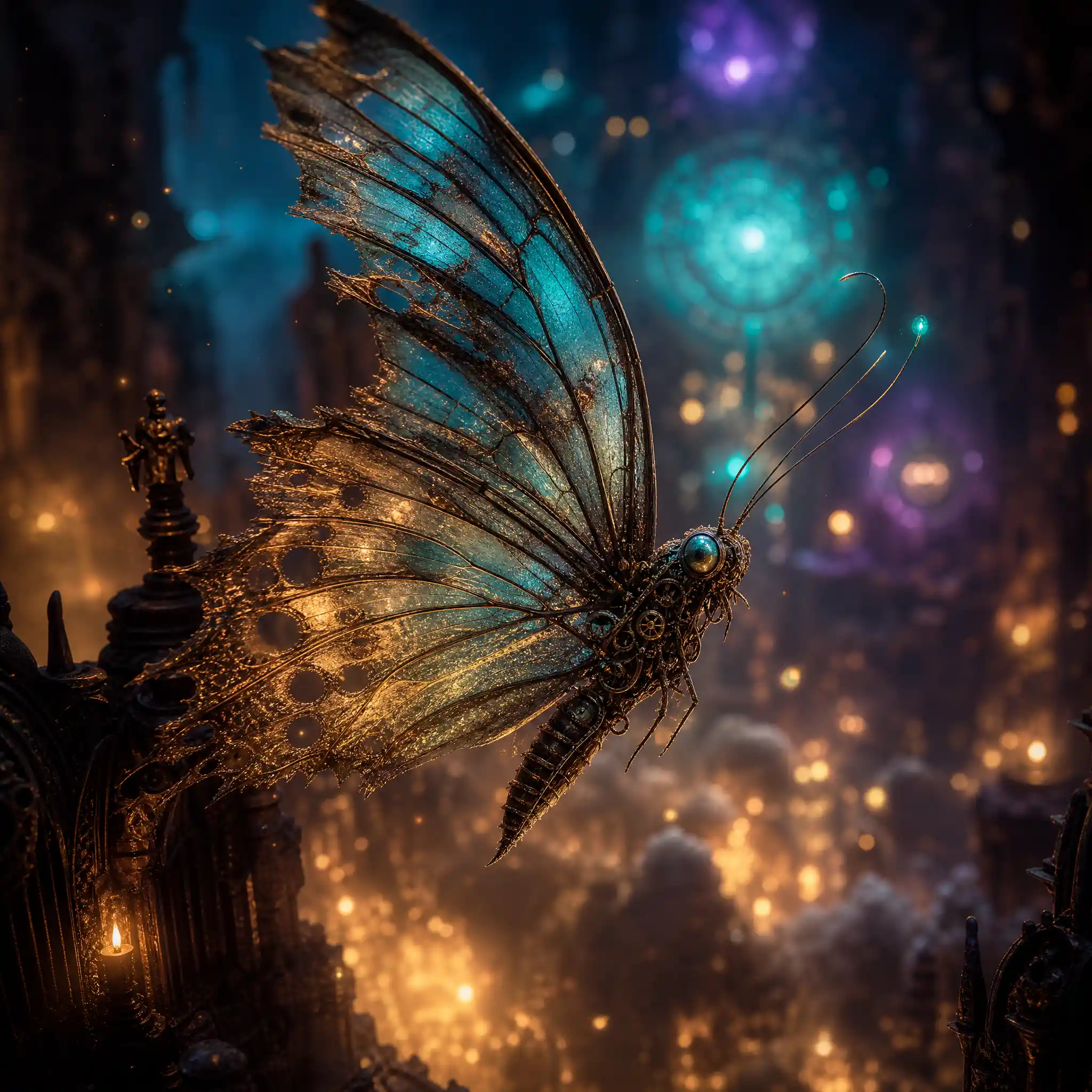 Tattered translucent butterfly rising through a surreal sky