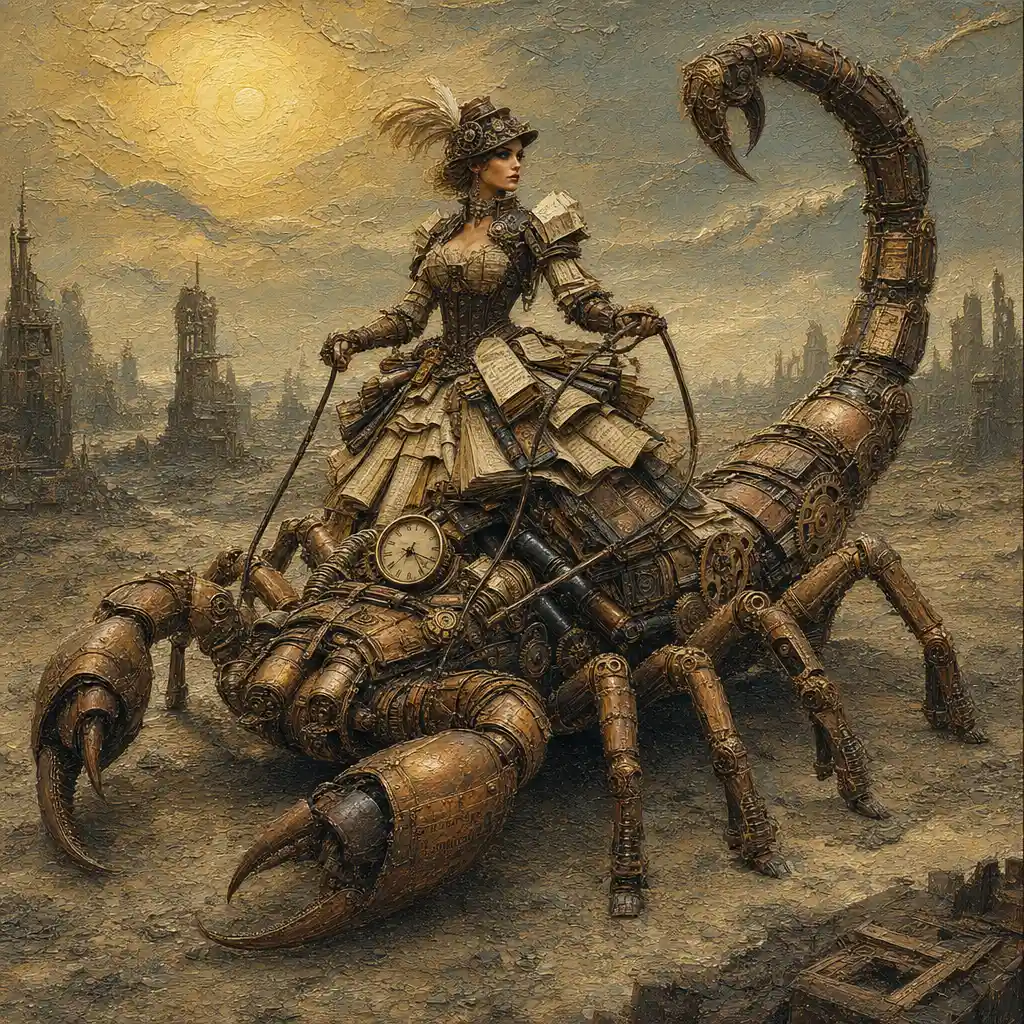 Steampunk woman riding a giant clockwork scorpion
