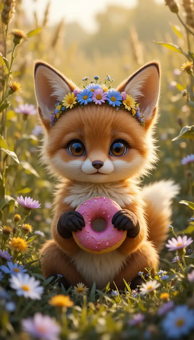 Cute fox cub in a sunny meadow with flower crown