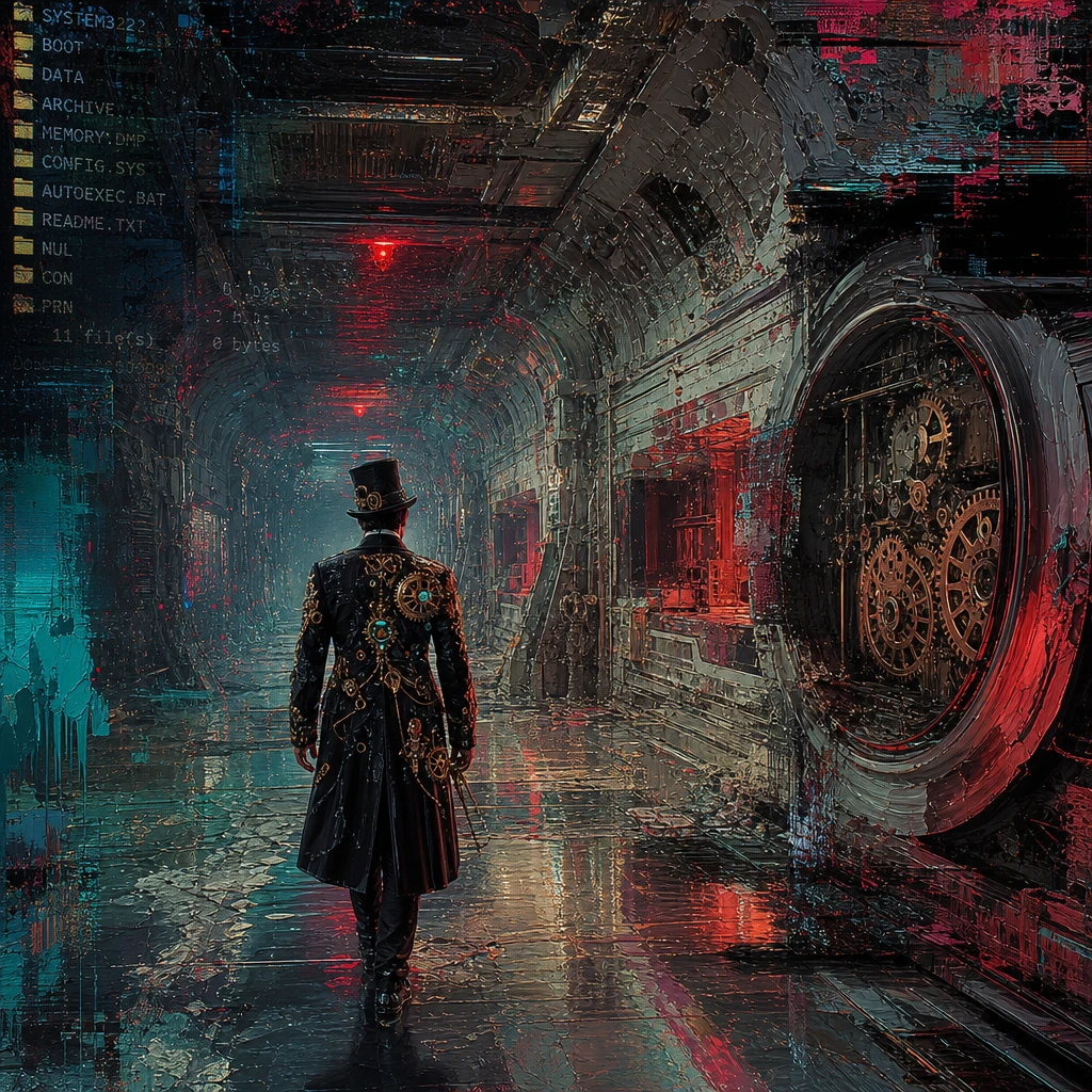 Viajante steampunk em um corredor de nave espacial quebrada