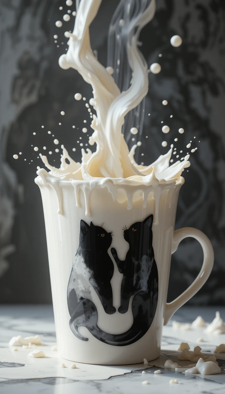 Two stylized 3D cat silhouettes in coffee and milk contrast