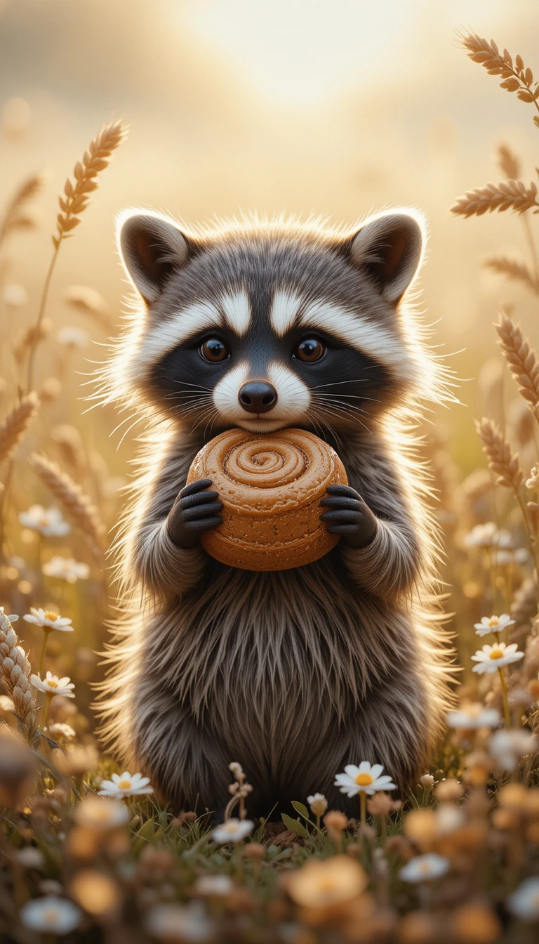 Cute raccoon holding a cinnamon roll in wheat meadow