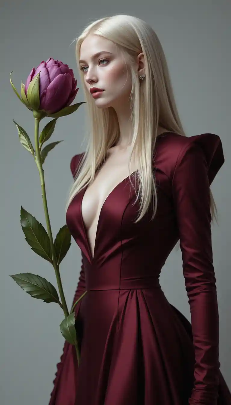 Elegant woman fused with peony in sculptural burgundy gown